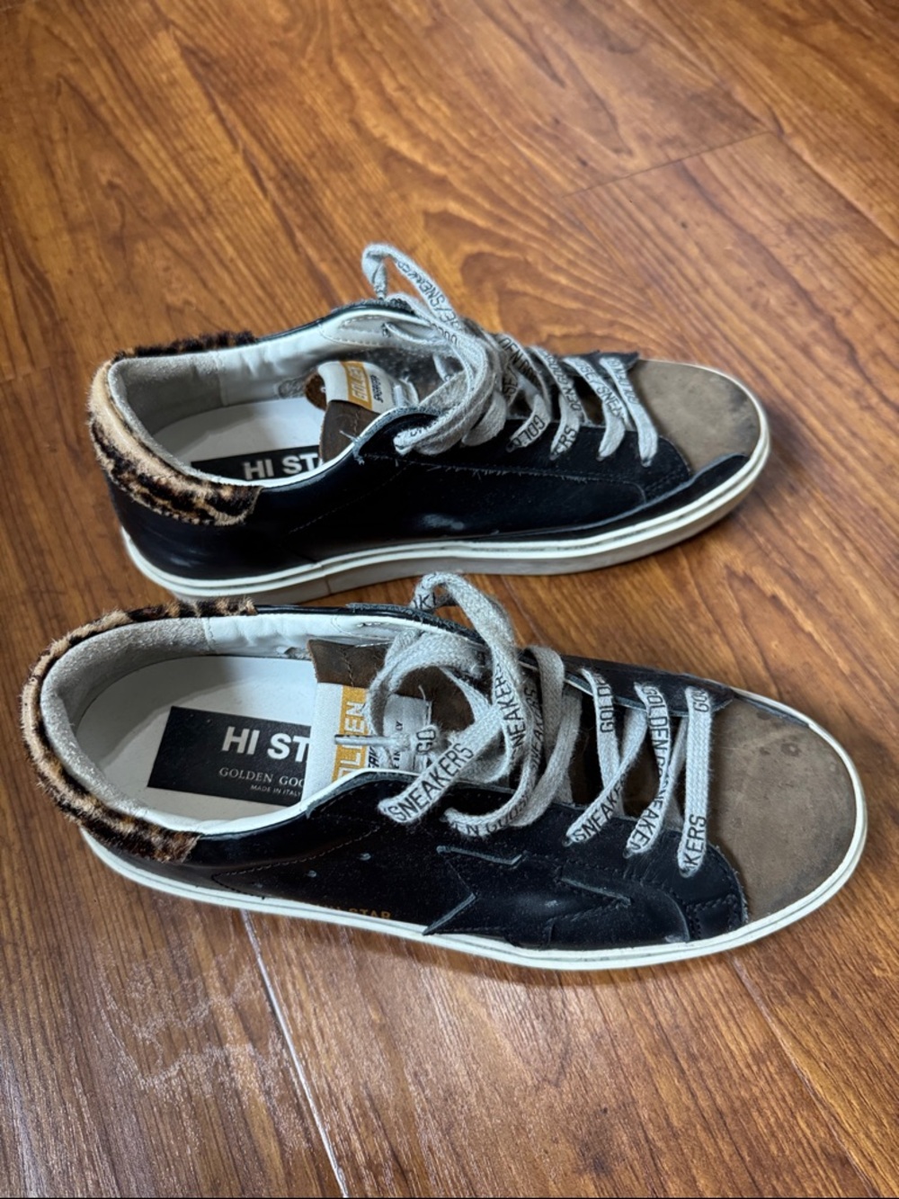 Golden Goose Black Brown Leopard Hi Star Low-Top Sneakers Made in Italy Size 37